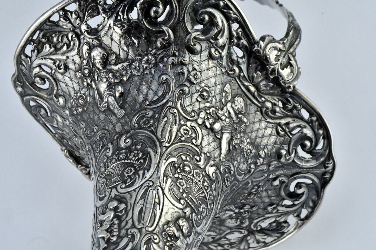 E.G Webster & Son Baroque Flute Style Cherub Ornate Repousse Vase 13 1/2"