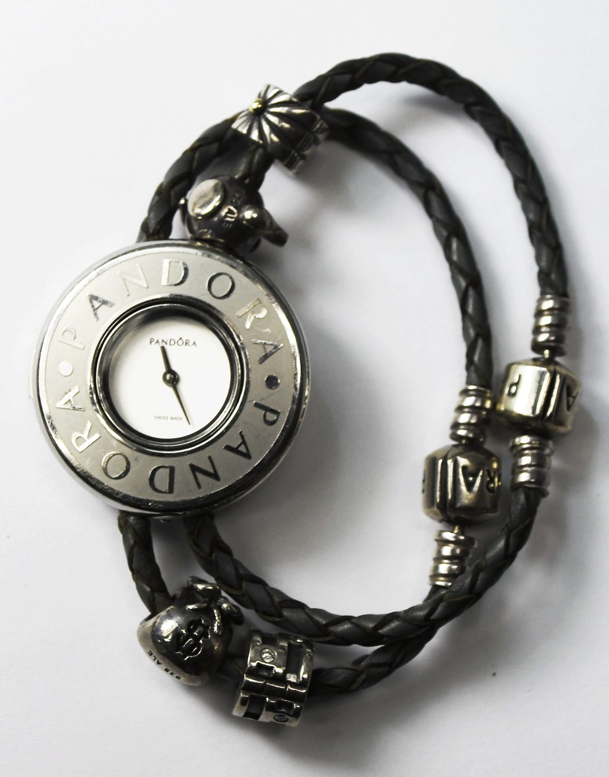 Pandora Embrace 811041LS 30mm Round Wristwatch Double Leather Bracelets 4 Charms