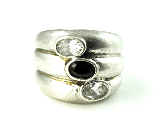 Sterling Wide 3 Oval CZ Three Combined Solid Band Cocktail 18mm Ring Size 6