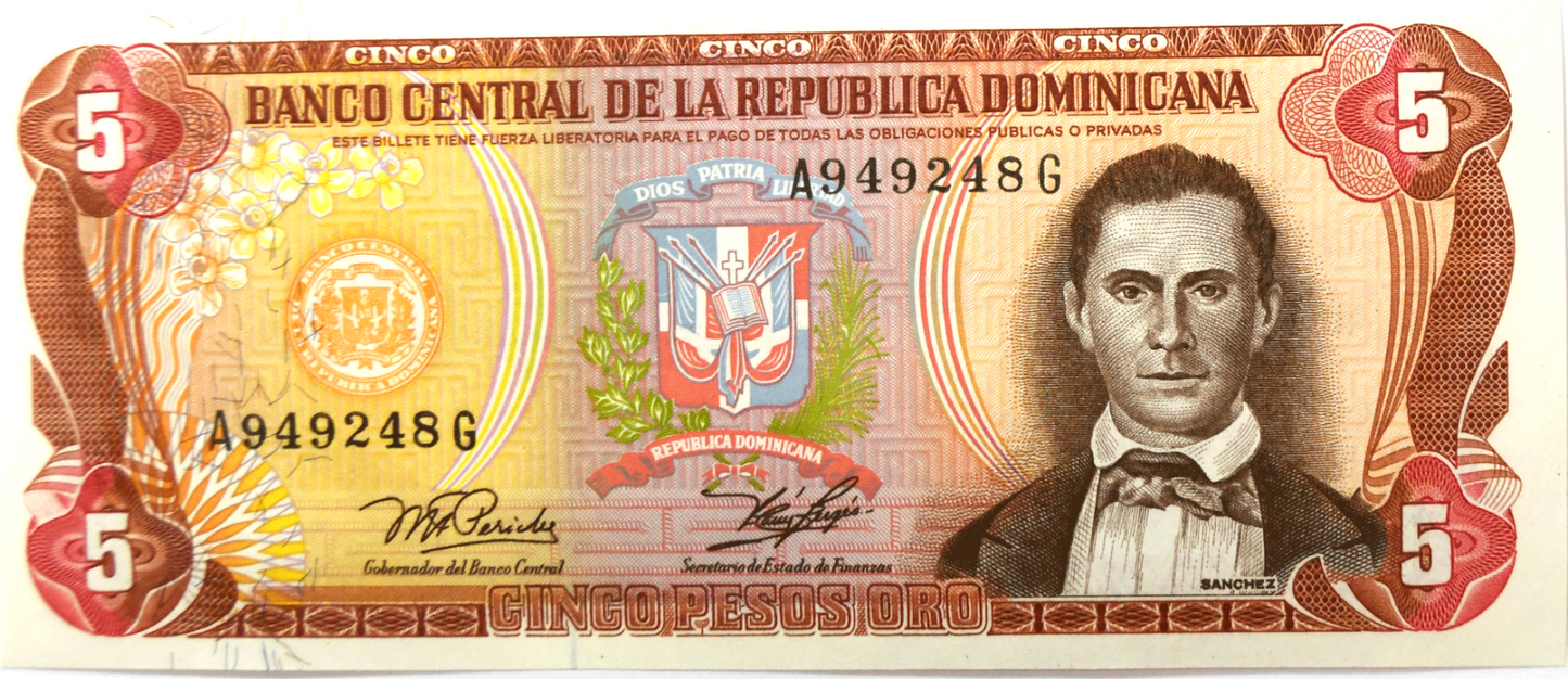 1978 $1 Five Dollar Dominican Republic Uncirculated Banknote A949248G