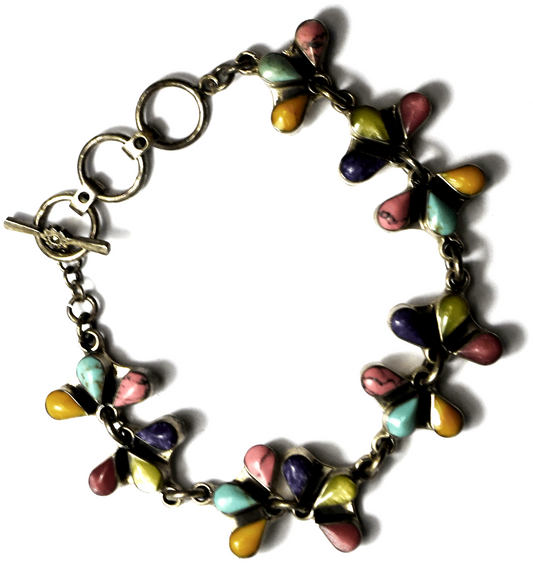 Sterling Multi Stone Colorful Flower Marcasite Toggle Bracelet 18mm 8"  32g
