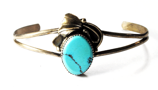 Sterling Silver Split Cuff Oval Turquoise Poppy Bracelet 30mm 6" 7-3/4" Wrist