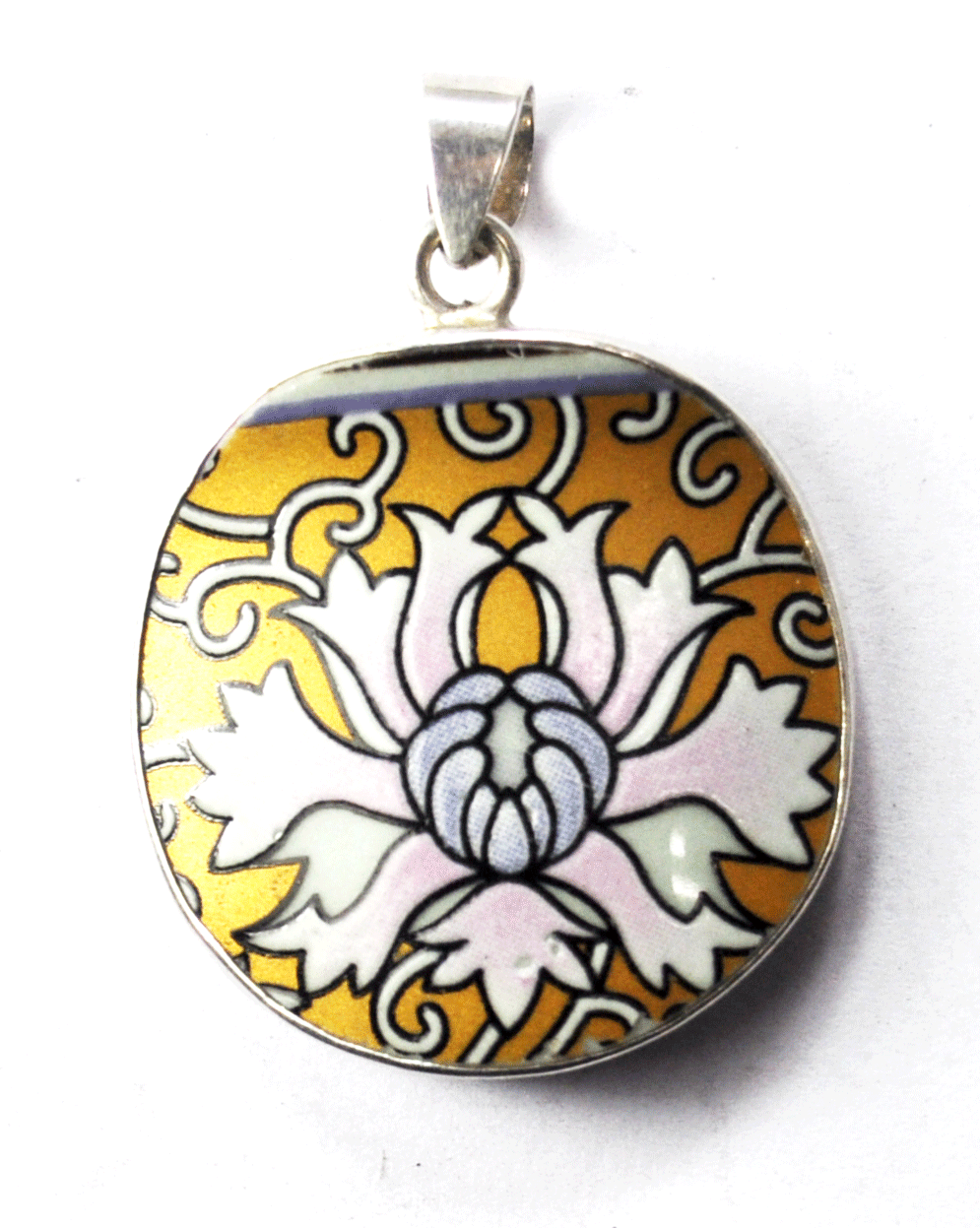 Enamel on Green Aventurine Round Gold Pink & Purple Sterling Pendant 41 x 29mm