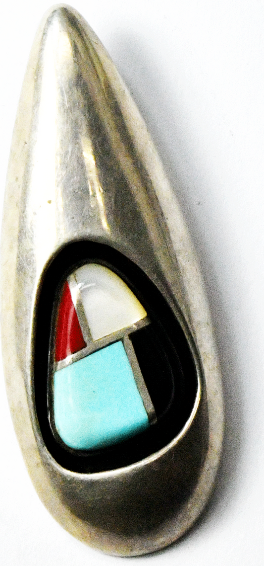 Vintage Sterling Turquoise Coral MOP Inlay Shadow Box Teardrop Pendant 48mmx 9mm