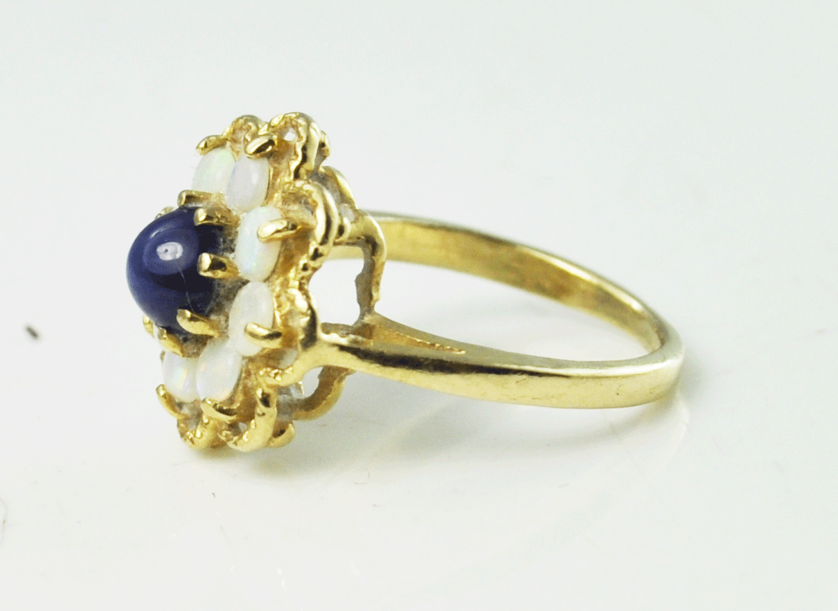 14k Yellow Gold Blue Star Sapphire Opal Flower Cluster Ring 14mm Size 3
