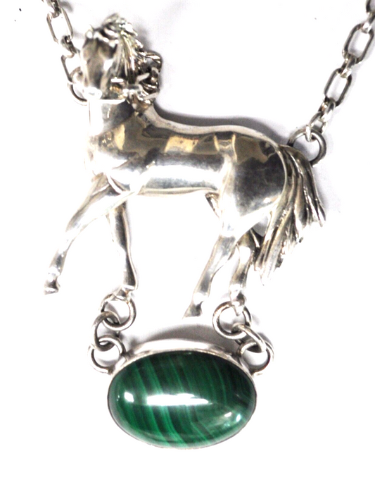 1991 Sterling Silver Carol Felley Oval Malachite Horse Toggle Necklace 23.5"