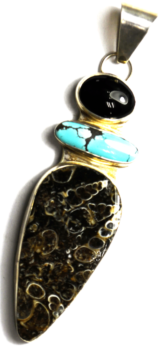 Sterling Turritella Turquoise Onyx Large Pendant 90mm x 23mm Cutout Reversible