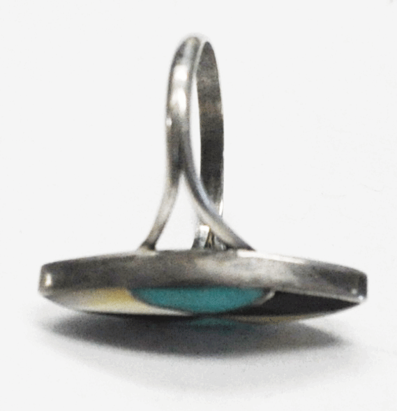 Sterling Turquoise MOP Onyx Inlay Pointed Oval Ring 25mm Size 7 Signed Sunburst
