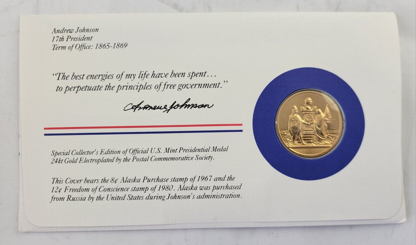 Andrew Johnson Presidential Covers Medal Postal Commemorative Society Gold Plate