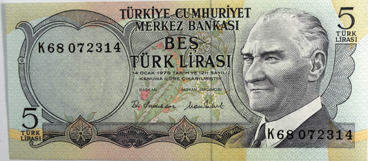 1976 Turkey 5 Five Lira Uncirculated Banknote K68072314