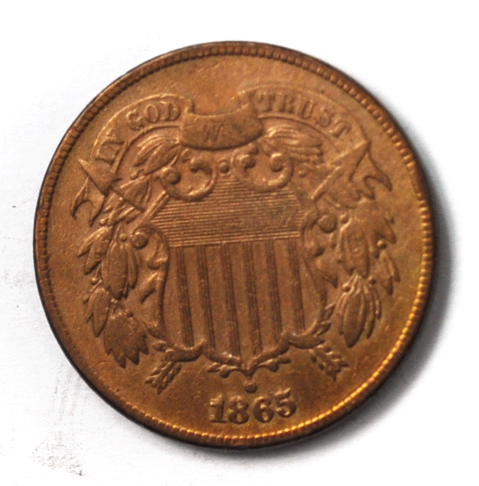 1865/1865 2c Shield Two Cent Piece Fancy Five FS-1301 Double Date