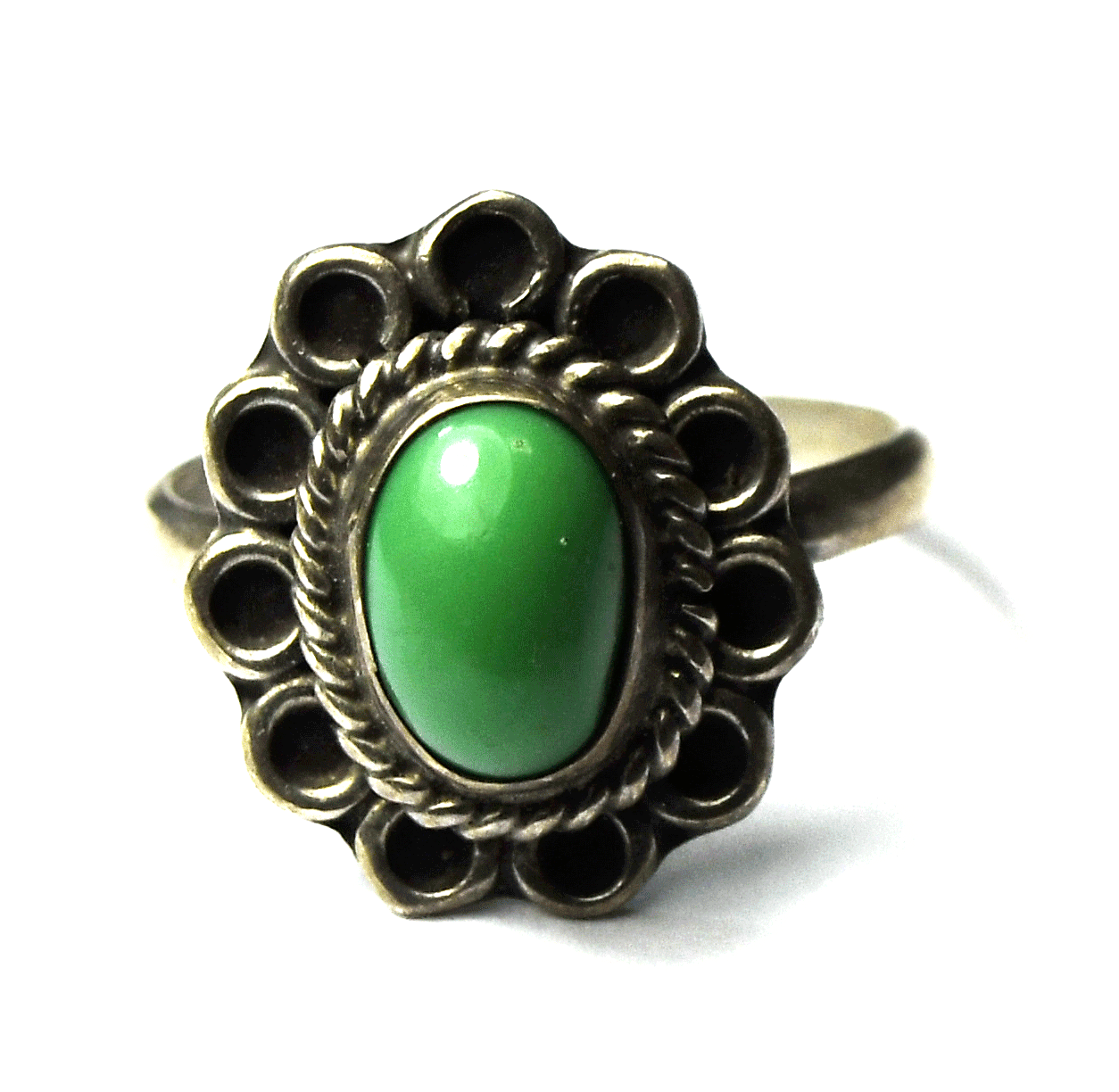Vintage Sterling Oval Green Turquoise Flower Hoop Halo Ring 15mm Size 8-1/2