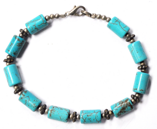 Silver Plated Dyed Howlite Turquoise Disc Bead Bracelet 7mm 8"
