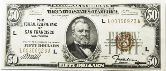 1929 $50 FRBN Federal Reserve Bank Note San Francisco L00350923A AU