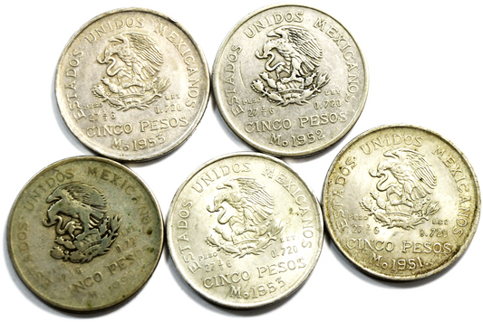 Lot of 5  1951-53 Mexico Estados Unidos Mexicanos Silver 5 Pesos KM# 467