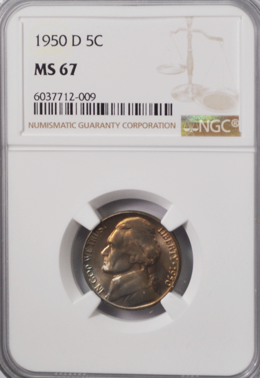 1950 D 5c Jefferson Nickel Five Cents NGC MS67 BU Denver Orange Toned