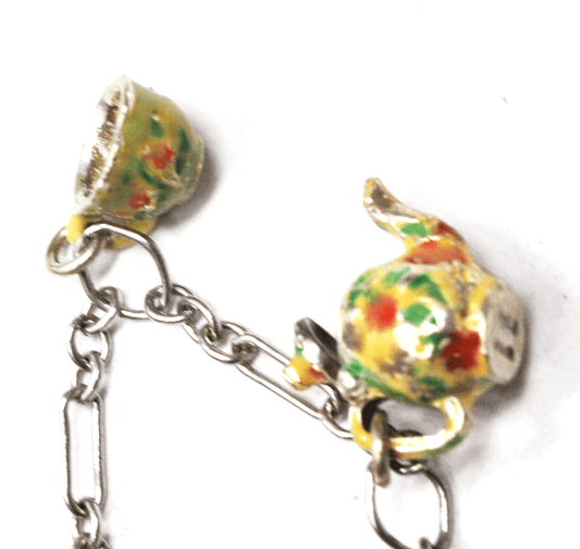 BCS Brown County Sterling Enamel Tea Cup Teapot Charm Bracelet 7-1/4"