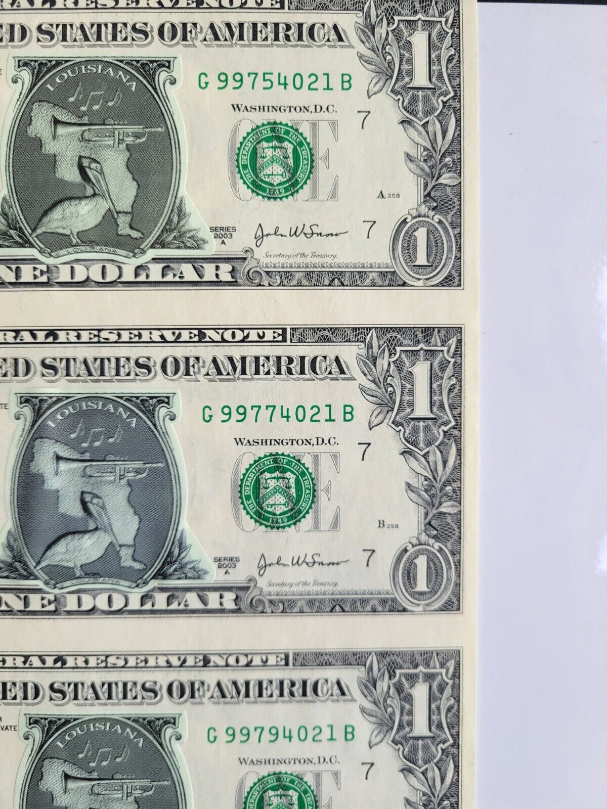2003 United States Commemorative Gallery Uncut, Uncirculated $1 Bills Louisiana