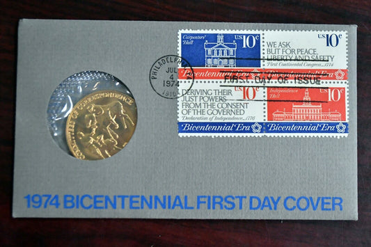 1974 Bicentennial First Day Cover Medal Stamped Envelope Commemorative