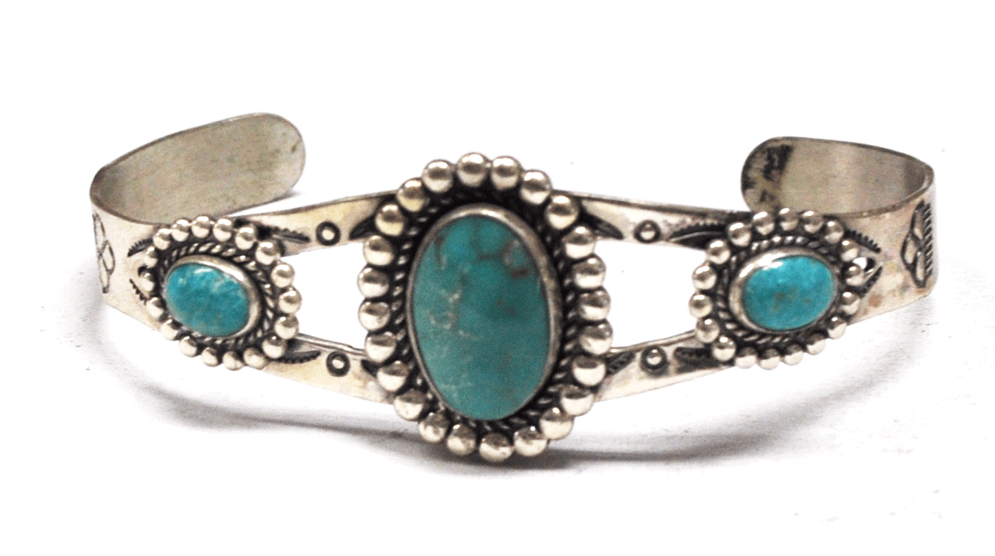 Sterling Triple Turquoise Antique Bell Trading Cuff 26mm Bracelet 7" Wrist
