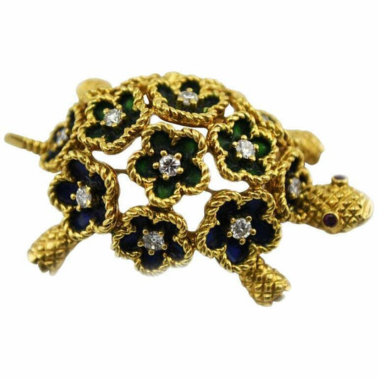 Marvin Hime 18k Gold Enameled Green and Blue Turtle with Diamonds and Ruby Eyes