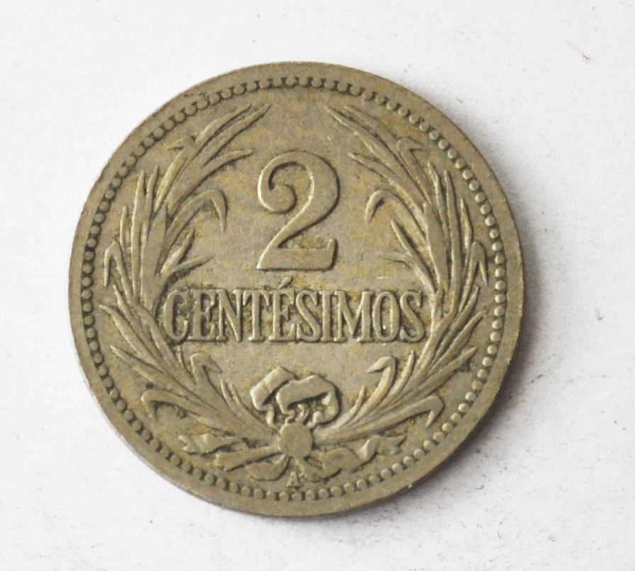 1901 A Uruguay 2 Two Centesimos Copper Nickel Coin KM# 20