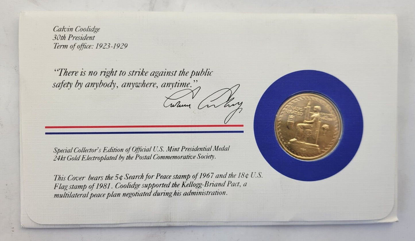 C Coolidge Presidential Covers Medal Postal Commemorative Society Gold Plated