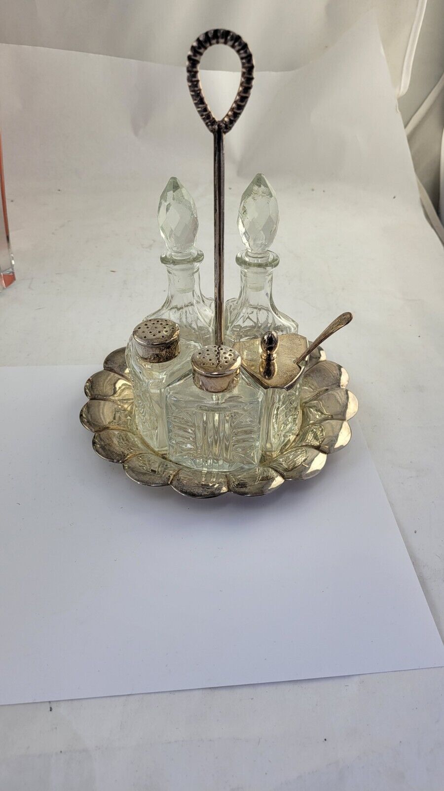 6pc. Vintage Silver Plated Condiment Serving Set/Caddy  Salt Pepper Oil Vinegar