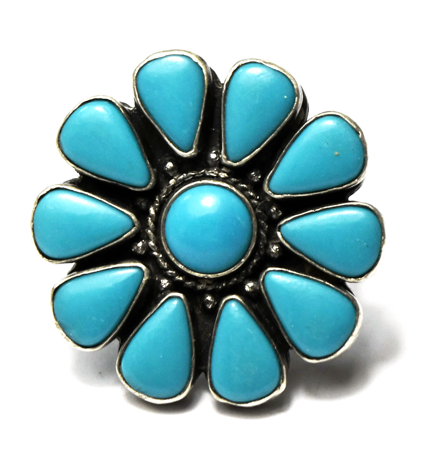 Antique Sterling Silver Turquoise Flower Ring 28mm Size 7