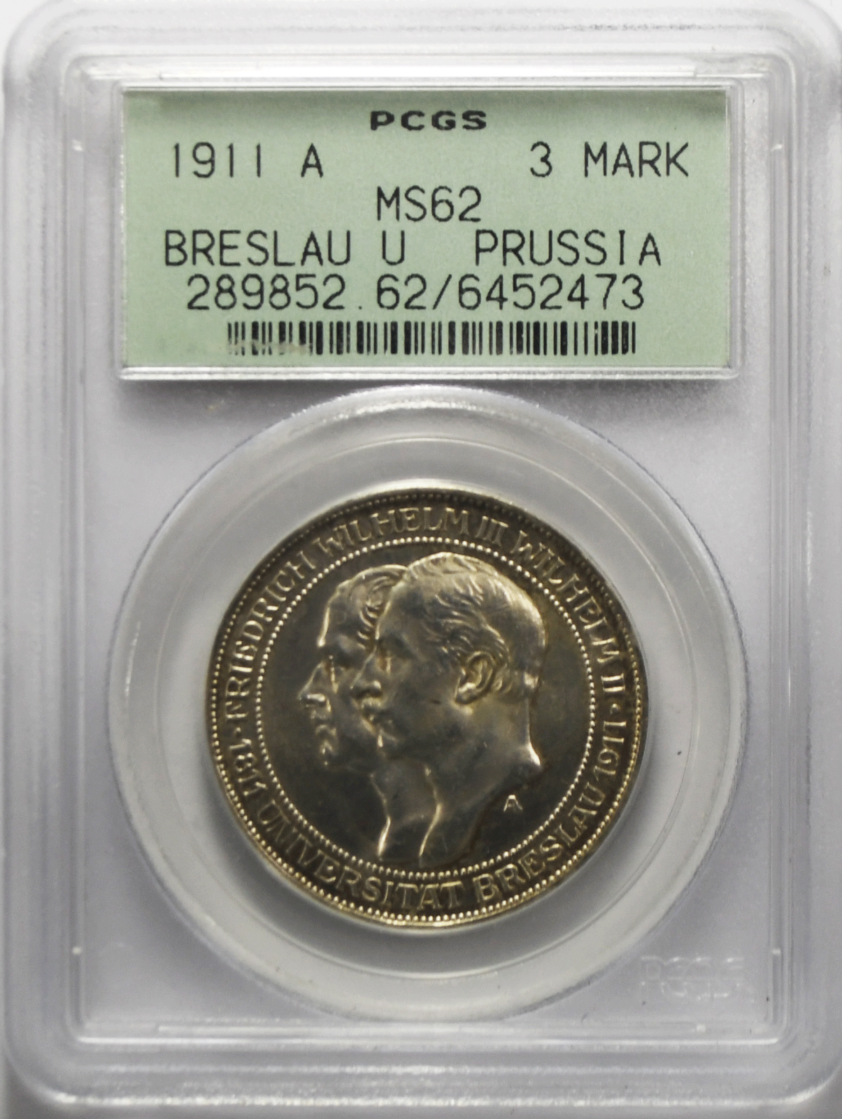 1911 A Germany 3 Mark Prussia Breslau University PCGS OGH MS 62 Uncirculated