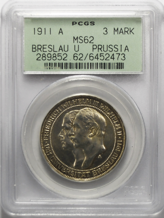 1911 A Germany 3 Mark Prussia Breslau University PCGS OGH MS 62 Uncirculated