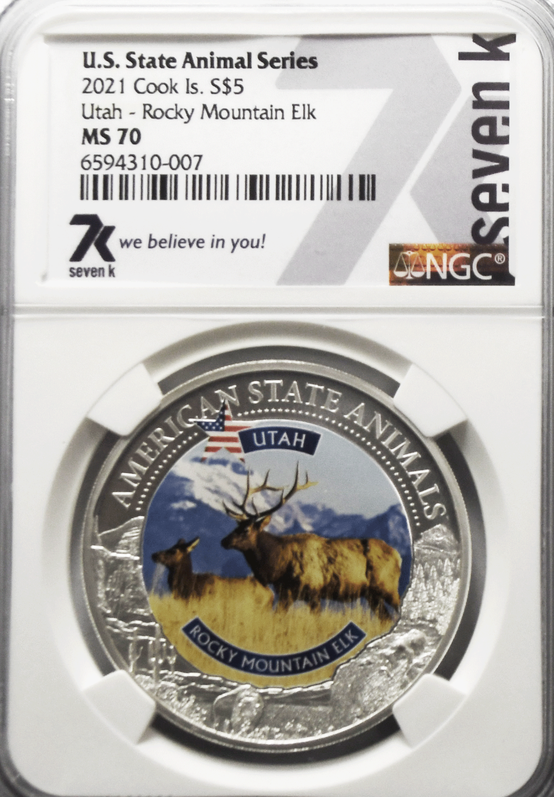 2021 $5 Cook Is Animal Series 7k w Card NGC MS70 Utah Rocky Mountain Elk