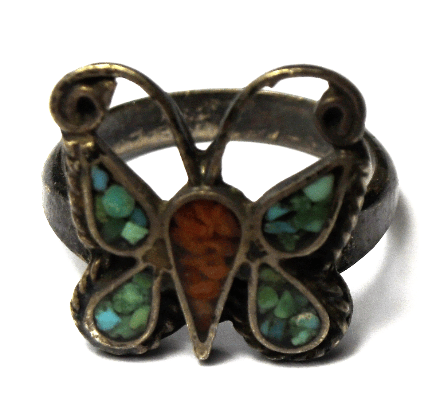 Sterling Silver Chip Inlay Butterfly Coral Turquoise Ring 18mm Size 7 Wave Band
