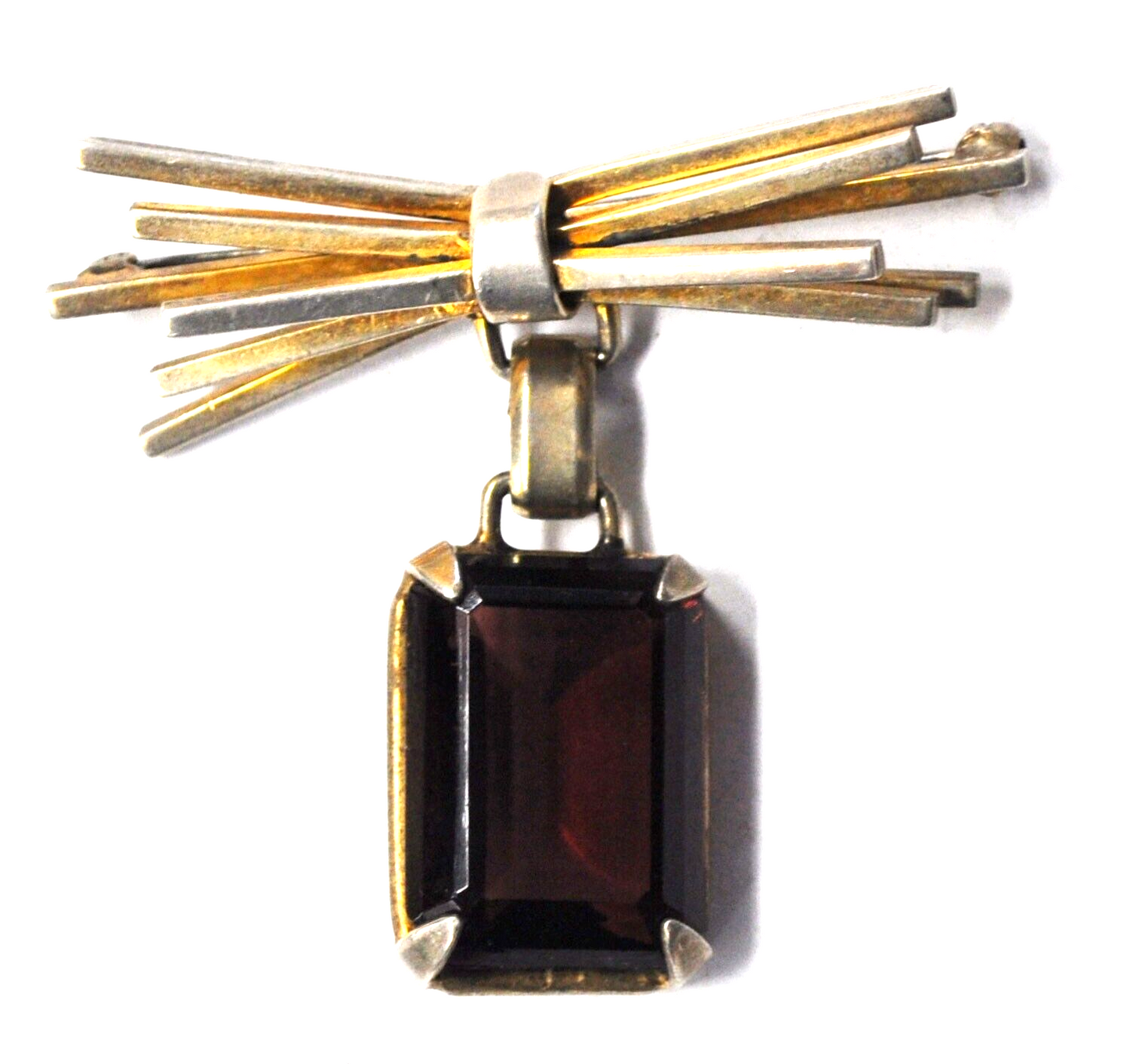 Sterling Silver Bushel 6 Bar Ruby Red Glass Dangle Brooch Pin