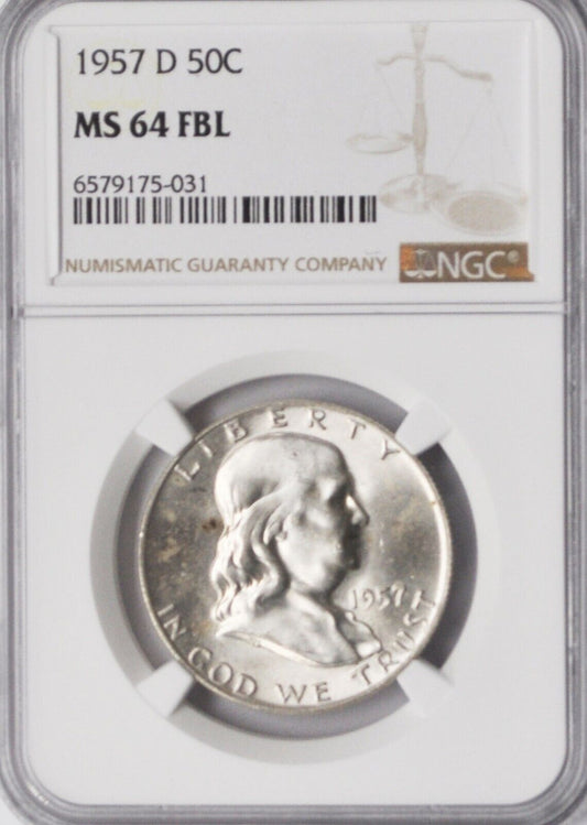 1957 D 50c Franklin Silver Half Dollar Fifty Cents NGC MS64 FBL Denver