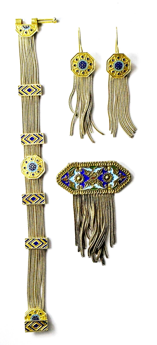 Sterling Bali Enamel Tassel Two Tone 7-1/4" Bracelet Earrings & 65mm Brooch Set