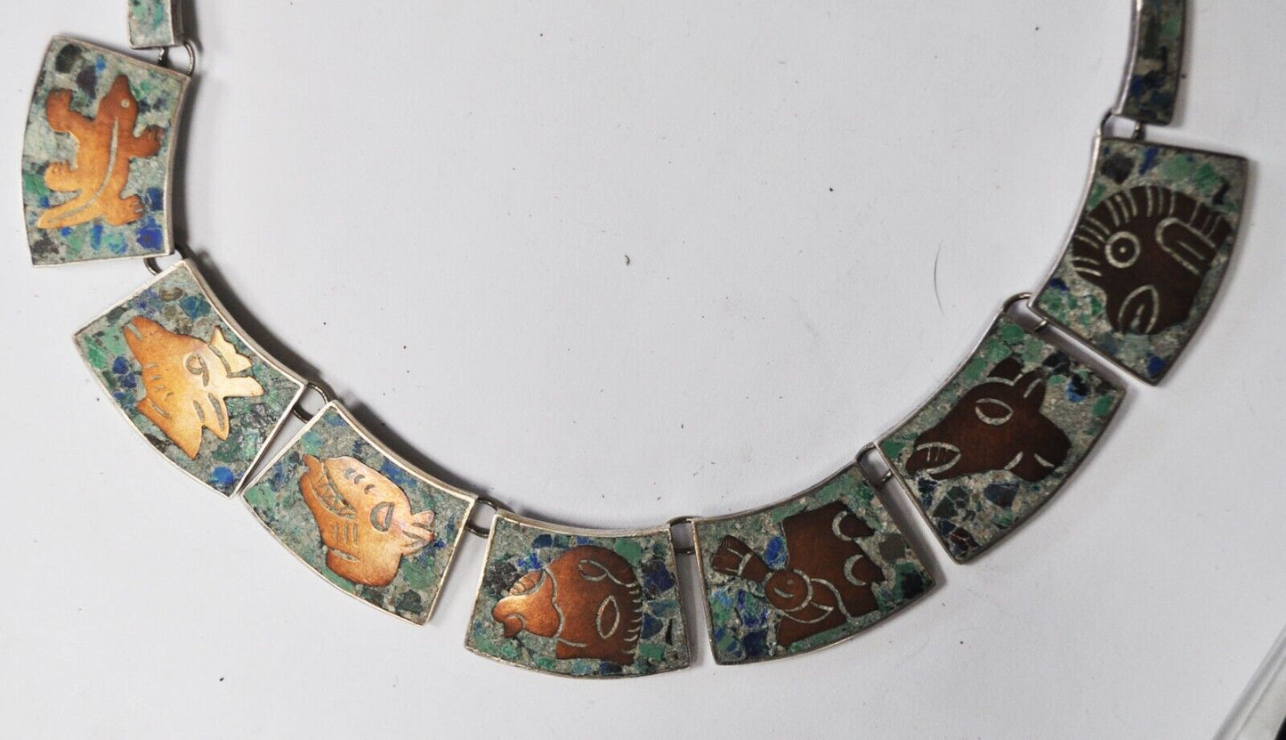 Sterling DH Mexico Mosaic Bronze Animal Panel 20mm Necklace 15.5"