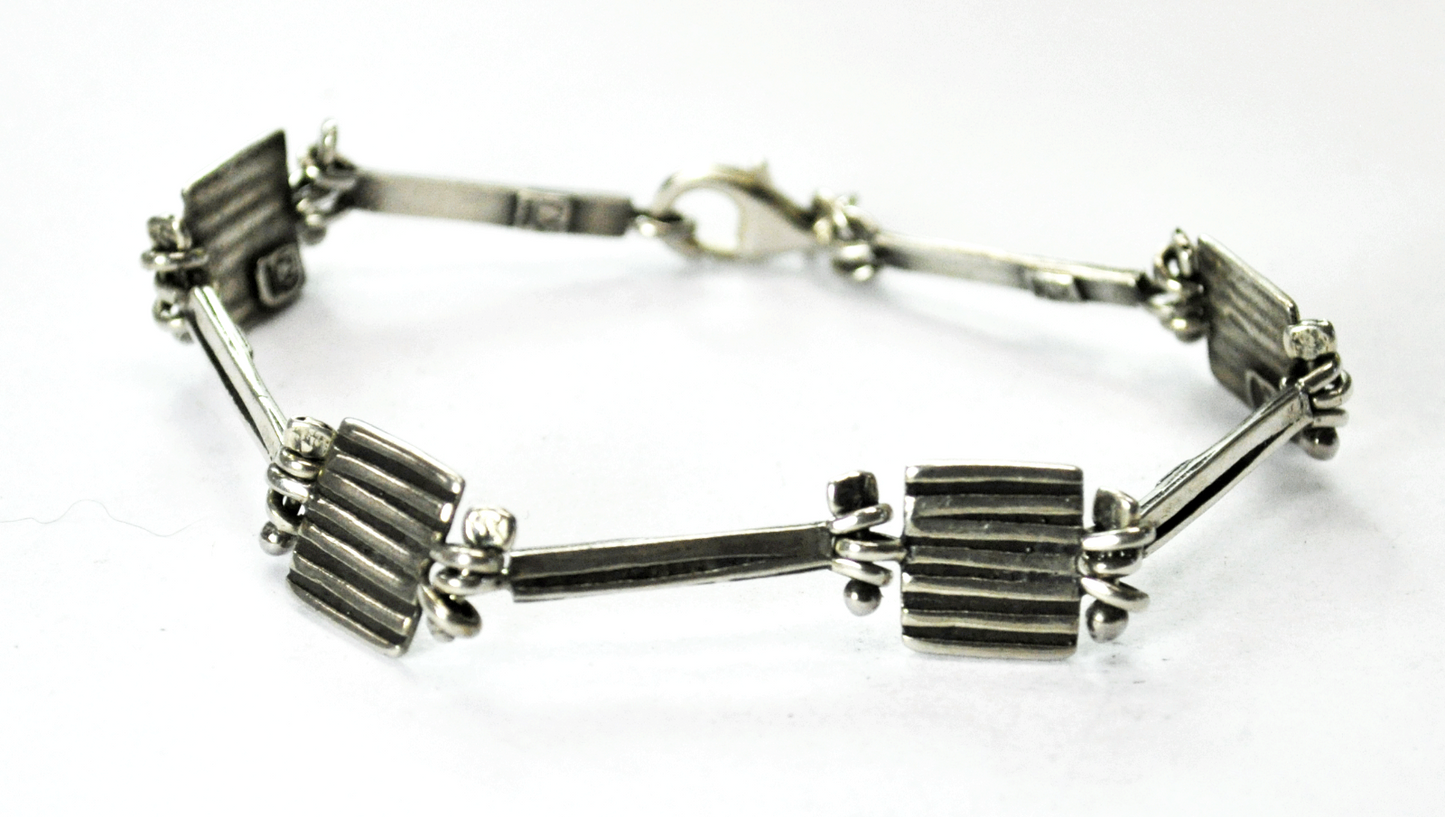 Sterling Silver KJ 925 Stamped 9 Times Square Stripe Link Bracelet 11mm 7.5"