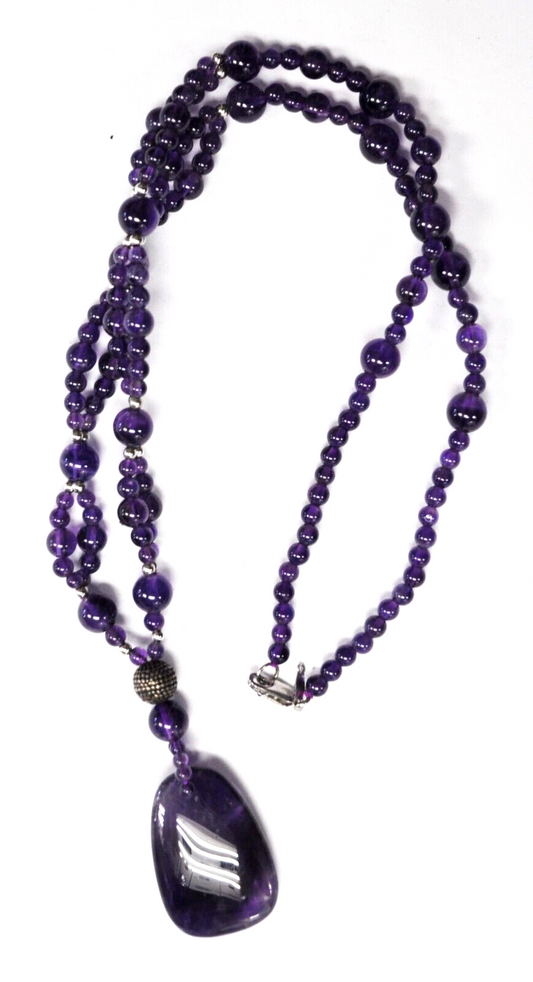 Sterling Silver Amethyst 35mm Pendant 12mm Double Bead Necklace 24"