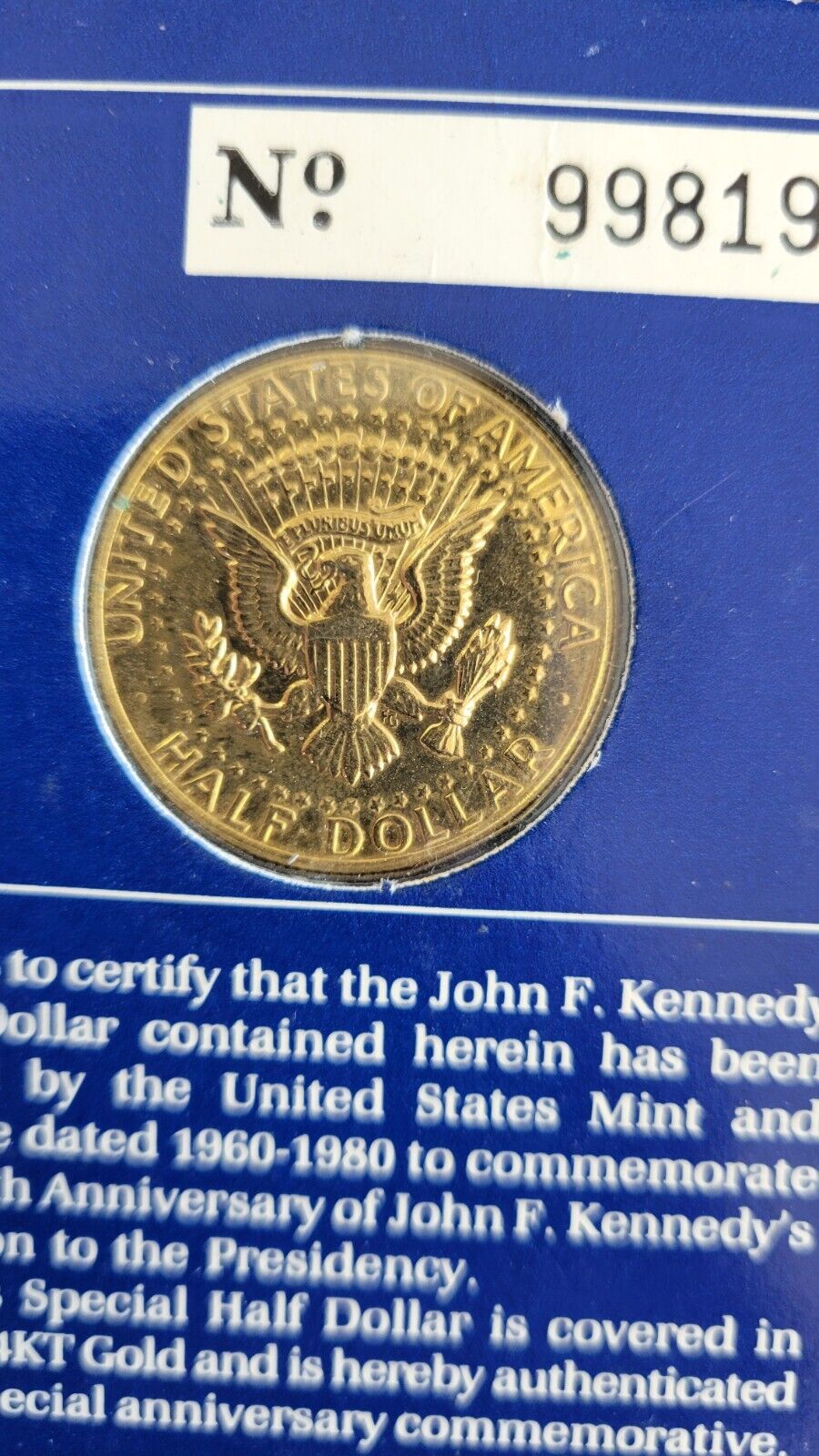 John F. Kennedy Half Double Dated 1960 1980 Covered in Pure 24K Gold Carded