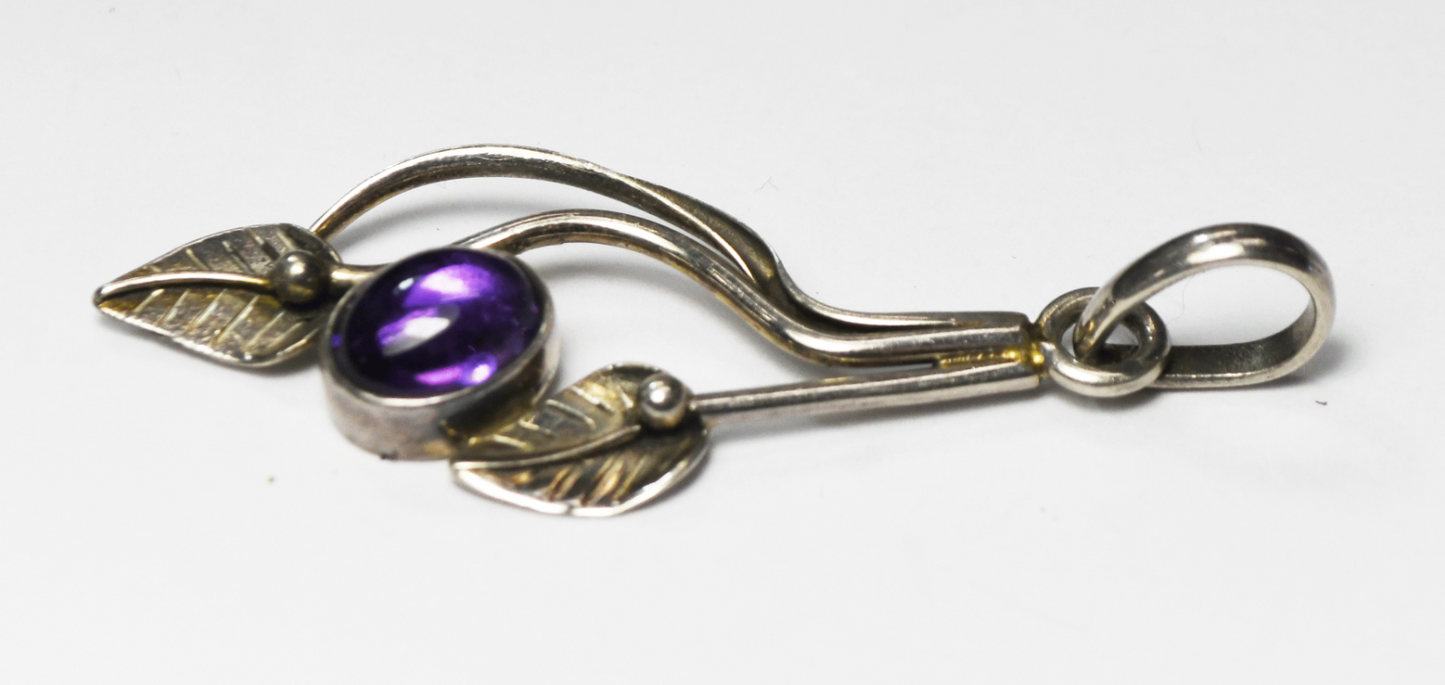 Sterling Silver Oval Amethyst Floral Branch Vine Pendant 60mm x 24mm