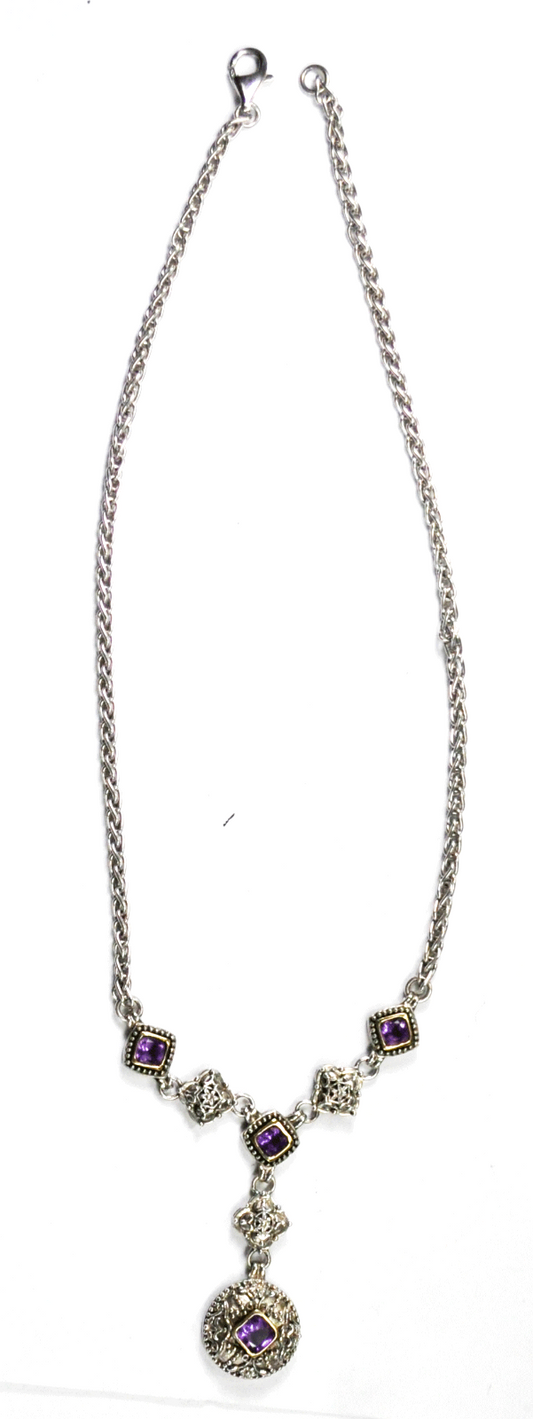 Sterling Silver 14k GTR Purple Amethyst 2" Dangle 4mm Necklace 17"