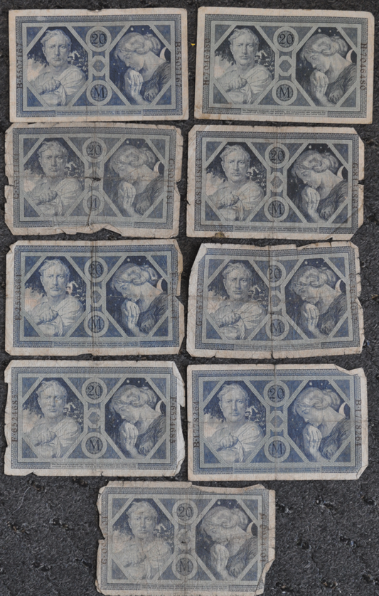 Lot of 9 1915 Germany 20 Twenty Mark Imperial Bank Note