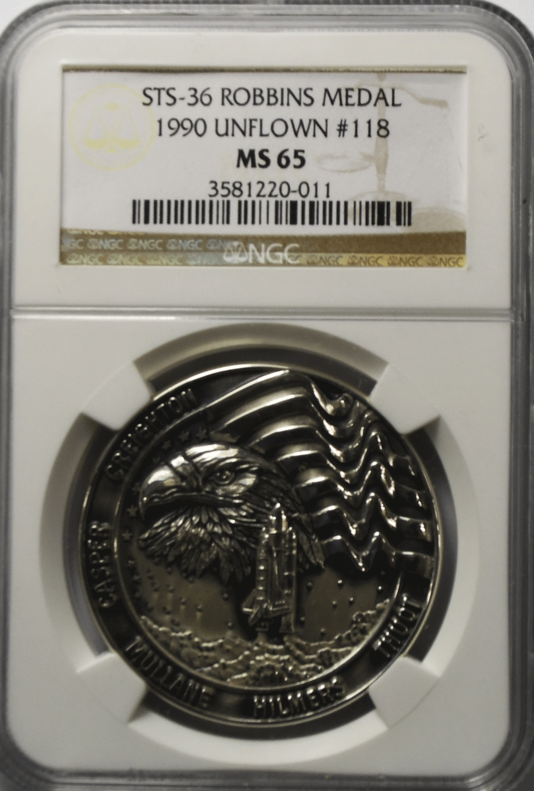 1990 STS-36 Robbins Silver Space Medal Unflown #118 NGC MS65 Atlantis