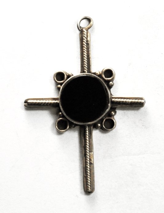Sterling Silver Round Black Onyx Cross Pendant 47mm x 32mm