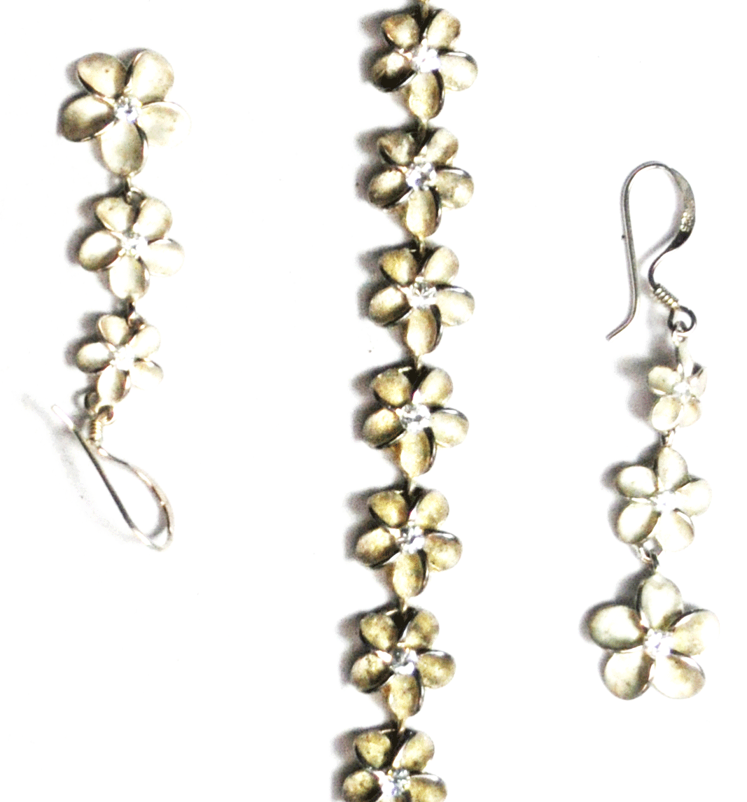 Sterling Silver Signed K Flower CZ 2" Dangle Earrings 10mm Bracelet 7"  15.9g