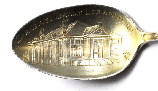 Sterling Silver Shepard Carnegie Library Lebanon Indiana Souvenir Spoon 5-1/8"