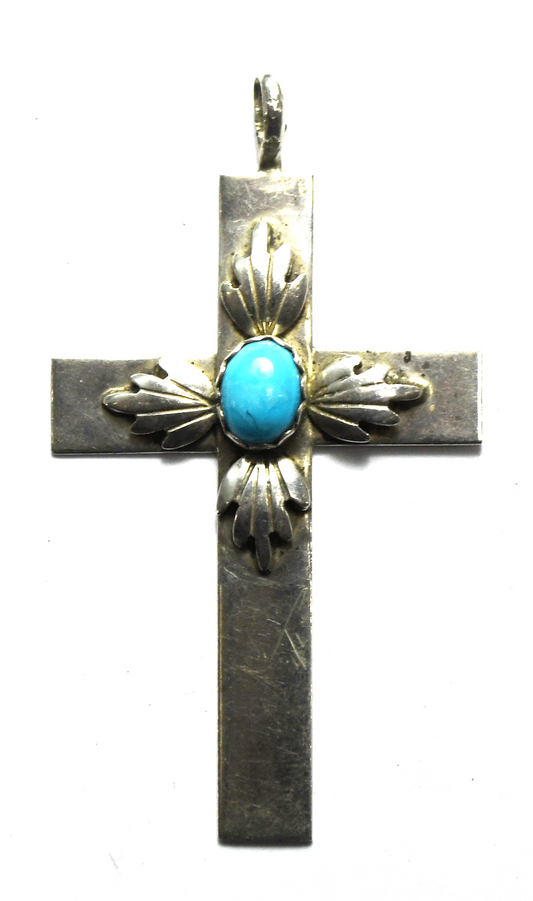 Sterling Silver FP Oval Turquoise Cross Pendant 66mm x 37mm