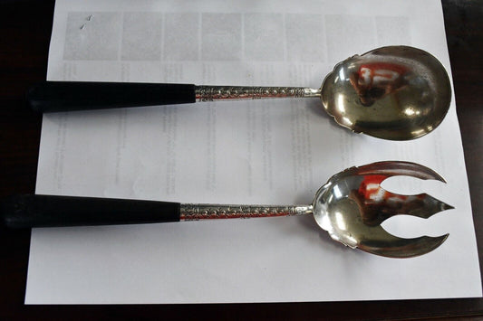1876 William Hutton & Sons London Sterling Silver / Wood Salad Serving Set 7.6oz