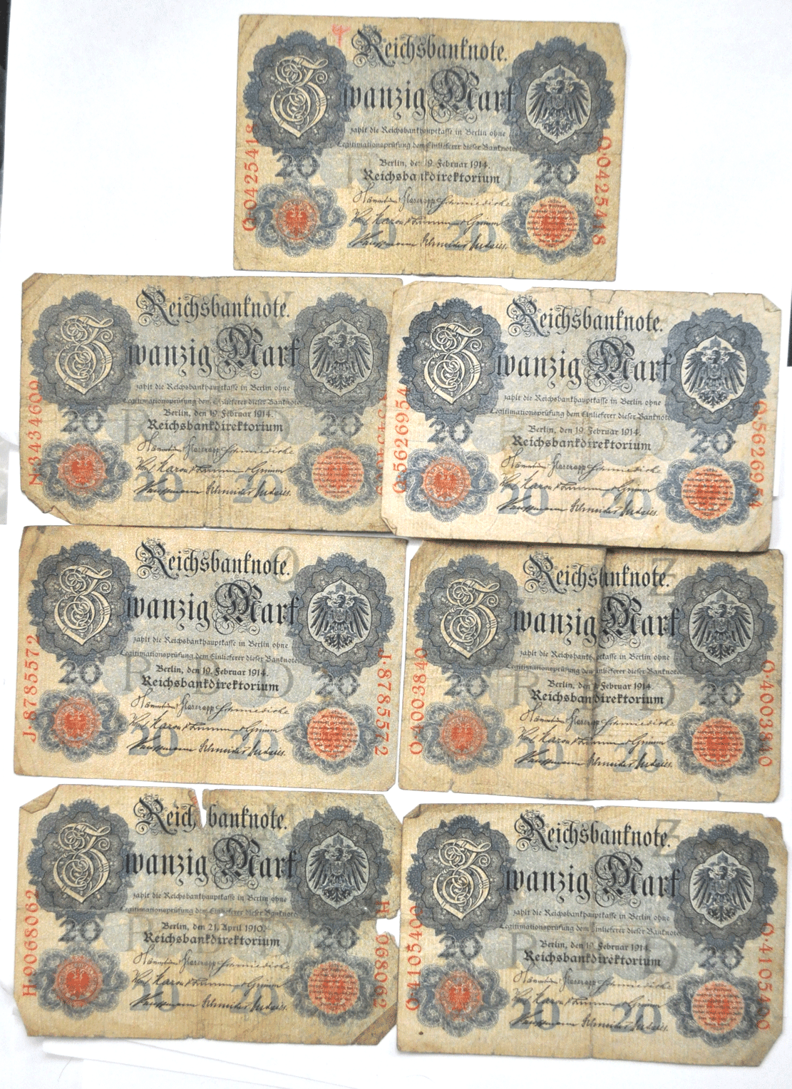 Lot of 7 Germany 1910 & 1914 Zwanzig 20 Mark Notes